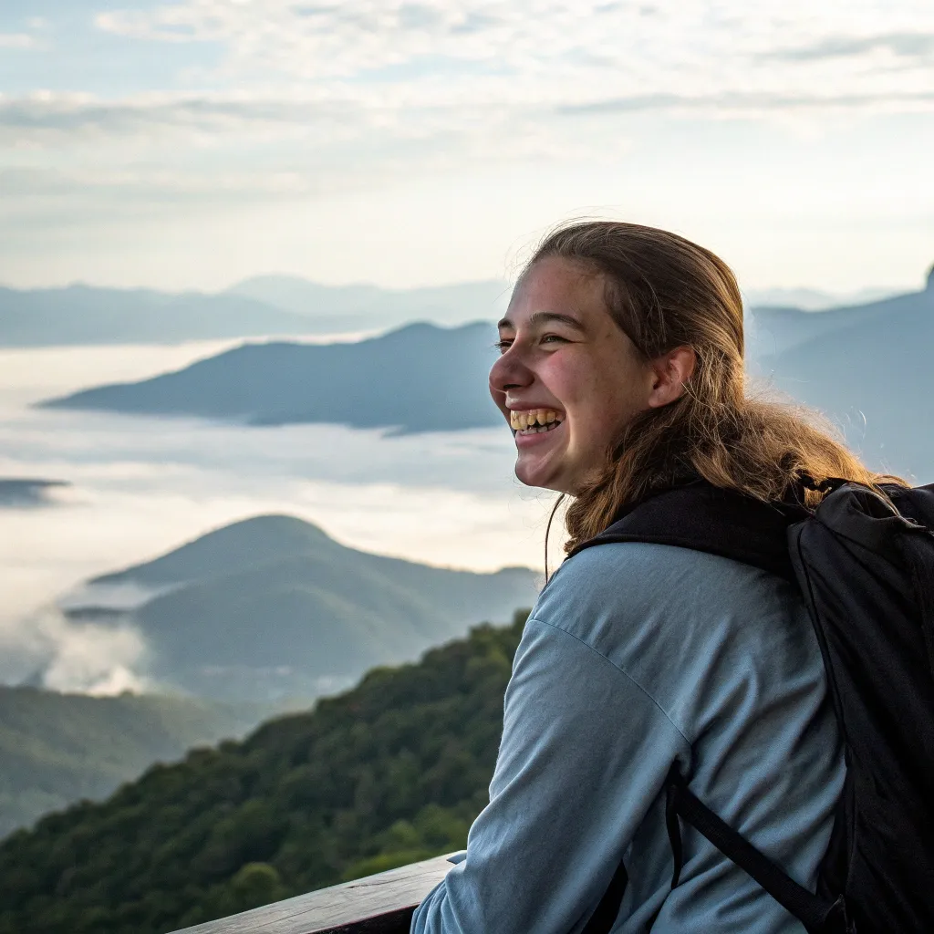 Happy student with view of mountains