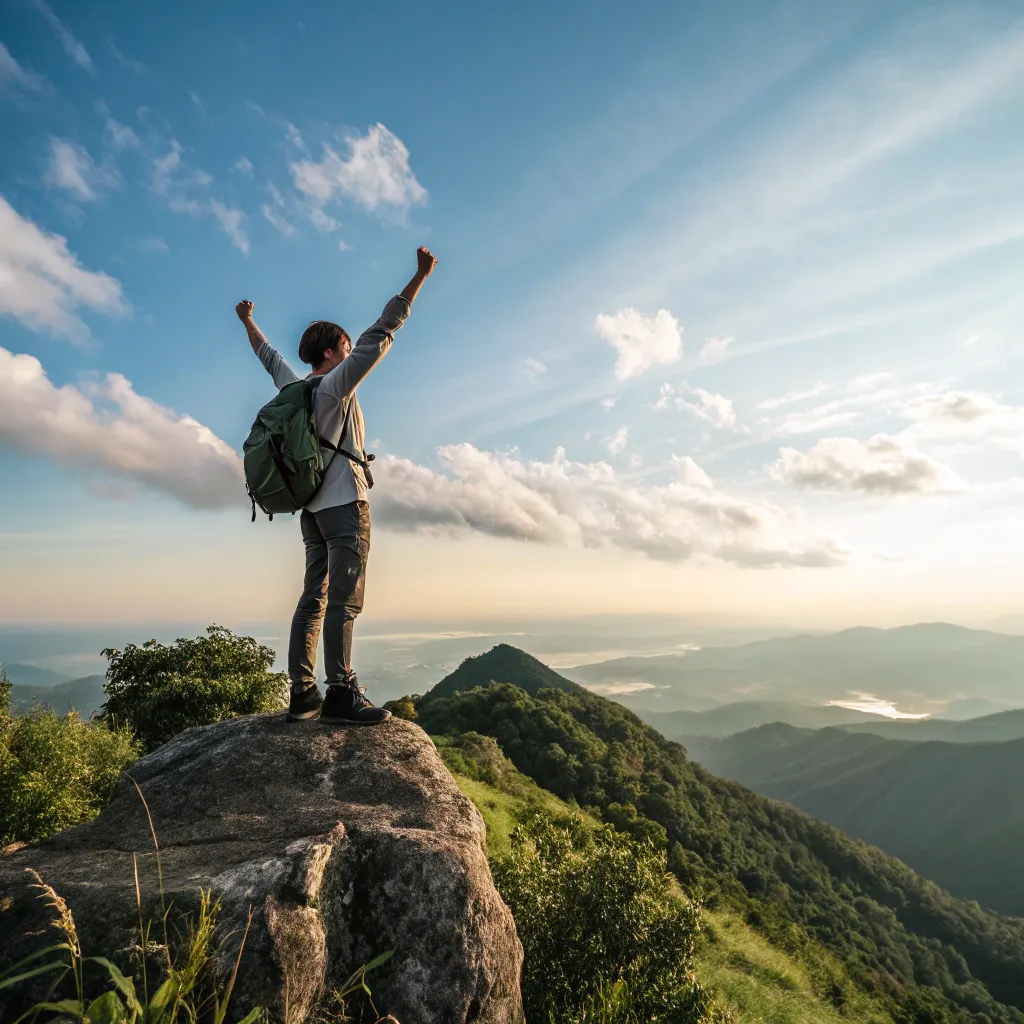 Student celebrating on mountain top